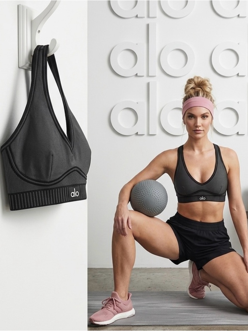 ALO Yoga Black Mesh V‑Neck Sports Bralette